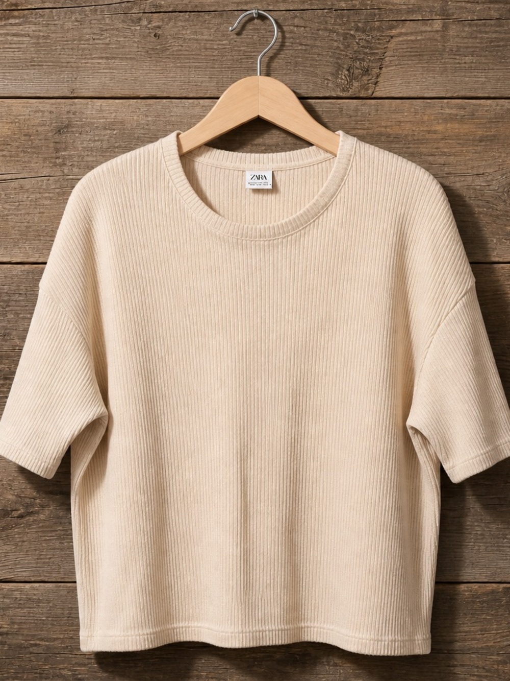 Zara Men Crewneck Ribbed Sweater in Light Beige